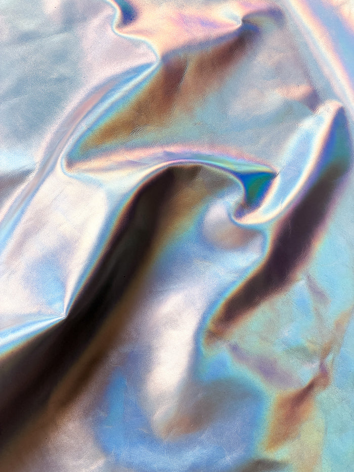 Silver Iridescent Metallic Cowhide surface detail showing texture and finish