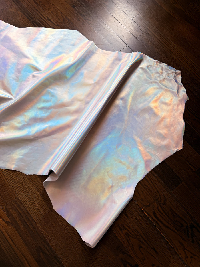 Silver Iridescent Metallic Cowhide shown to display leather shape and cutting area