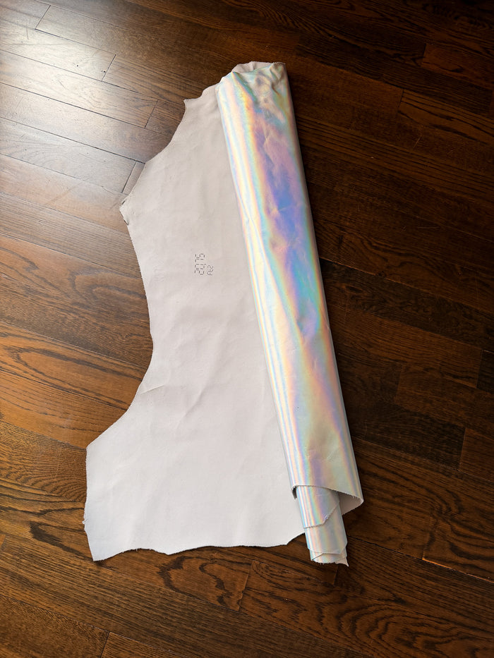 Silver Iridescent Metallic Cowhide detail view showing color and natural variation