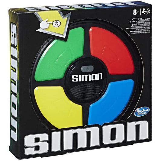Box of Simon game by Hasbro with colorful buttons and brand logo.