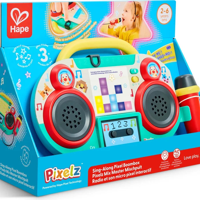 Toy boombox in its packaging with Hape branding