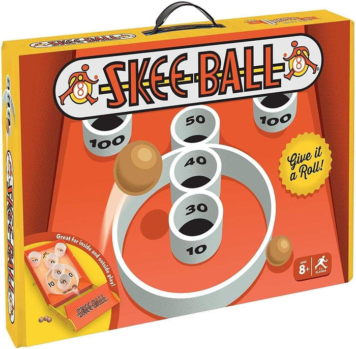 A Skee-Ball board game package featuring the game's name and a graphic of a ball with numbers, along with the text 'Give it a Roll!' and 'Ages 8 - 98'.
