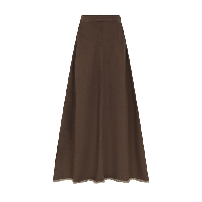 skirt midi denim fringe hem - brown denim