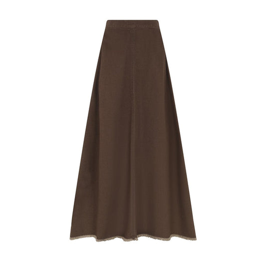 skirt midi denim fringe hem - brown denim