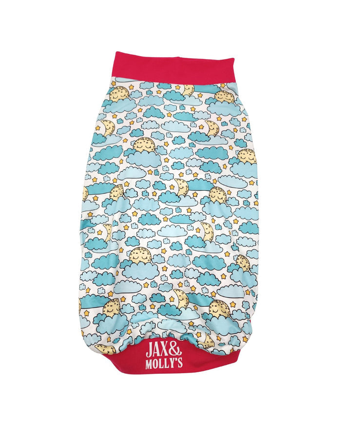 Sleepy Moon dog pajamas back view featuring moon and cloud pattern and classic pajama fit