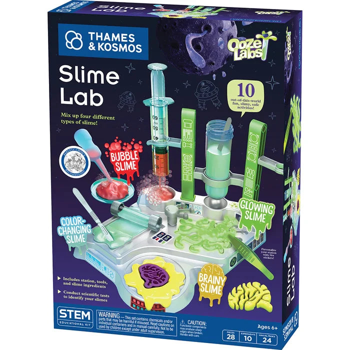 Box of Thames & Kosmos Slime Lab with colorful slime-making components on a white background