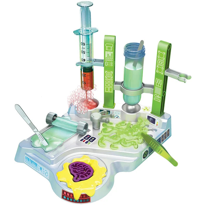 Toy laboratory set with various scientific instruments on a white background