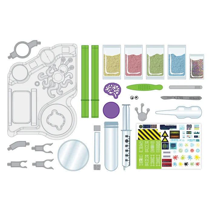 Science experiment kit components on a white background