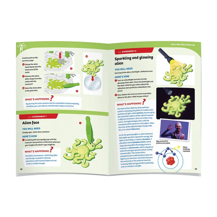Science experiment book with alien-themed activities on a white background