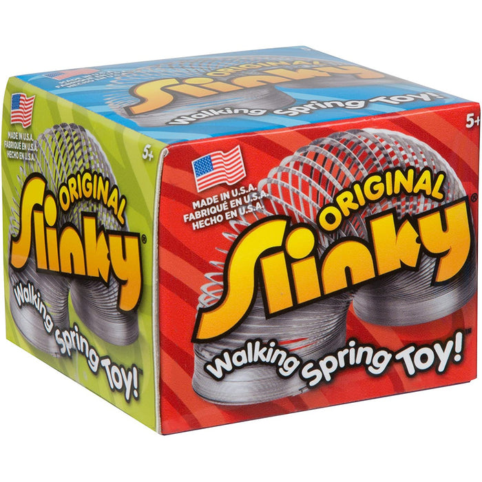 Box of Original Slinky Walking Spring Toy with colorful design