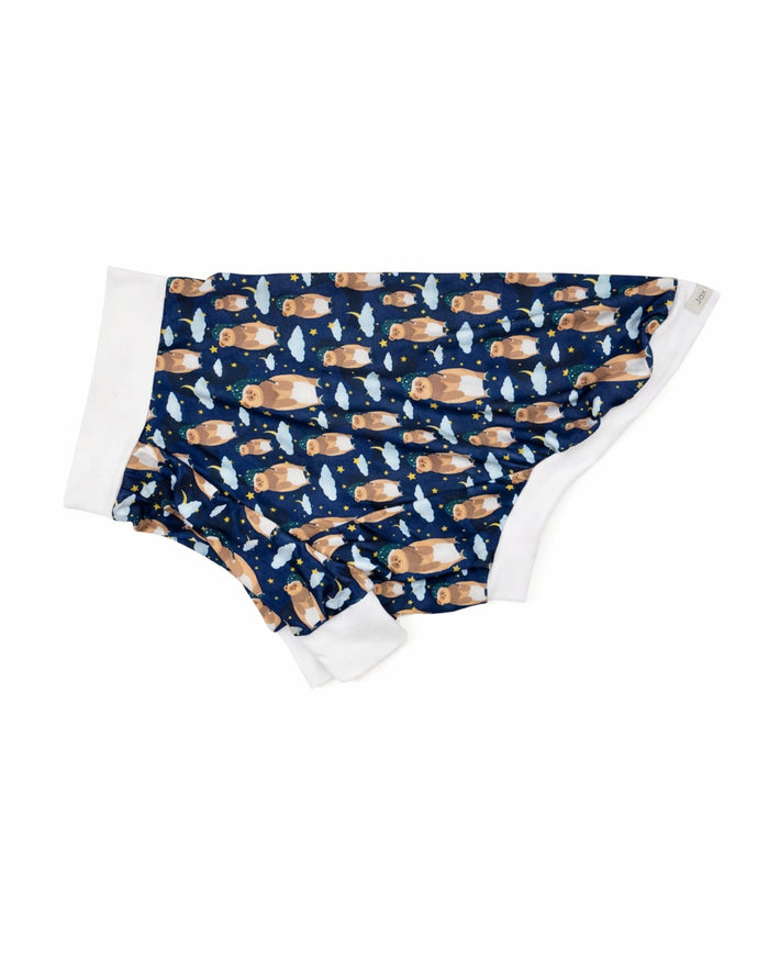 Slumber-time bear lightweight poly-spandex dog pajamas with white trim, flat side view
