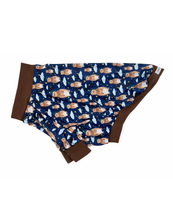 Slumber-time bear lightweight poly-spandex dog pajamas with brown trim, flat side view