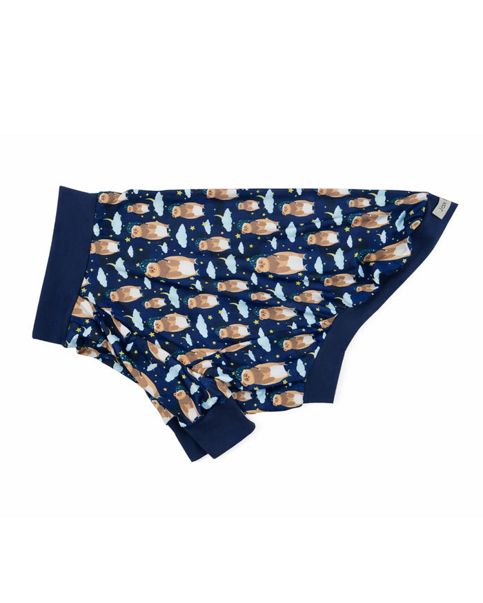 Slumber-time bear lightweight poly-spandex dog pajamas with navy trim, flat side view