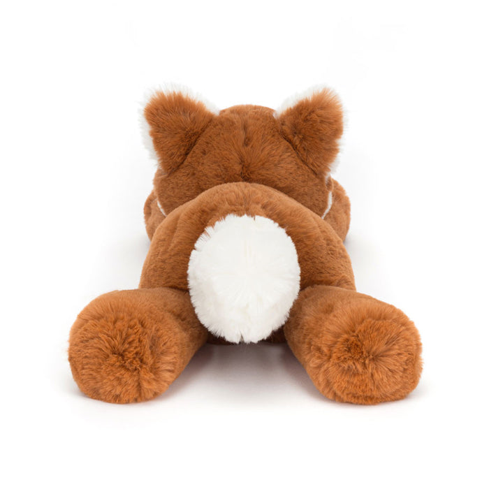 Rear view of a brown plush fox with a white tail on a white background