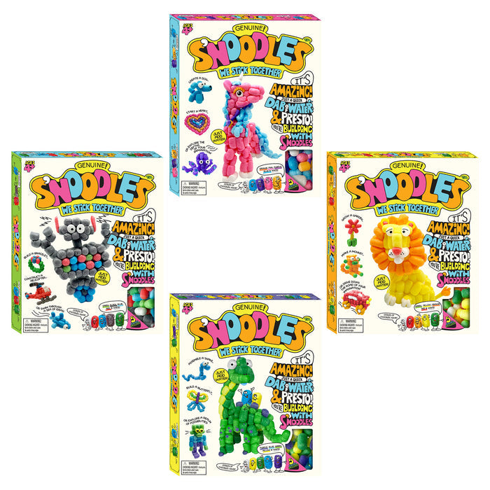Four colorful boxes of Snoodles toys on a white background