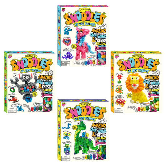 Four colorful boxes of Snoodles toys on a white background