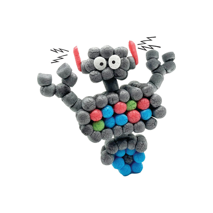 A grey, red, and blue,Robot Snoodles on a white background