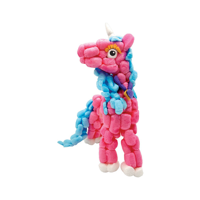 A pink and blue unicorn Snoodles on a white background
