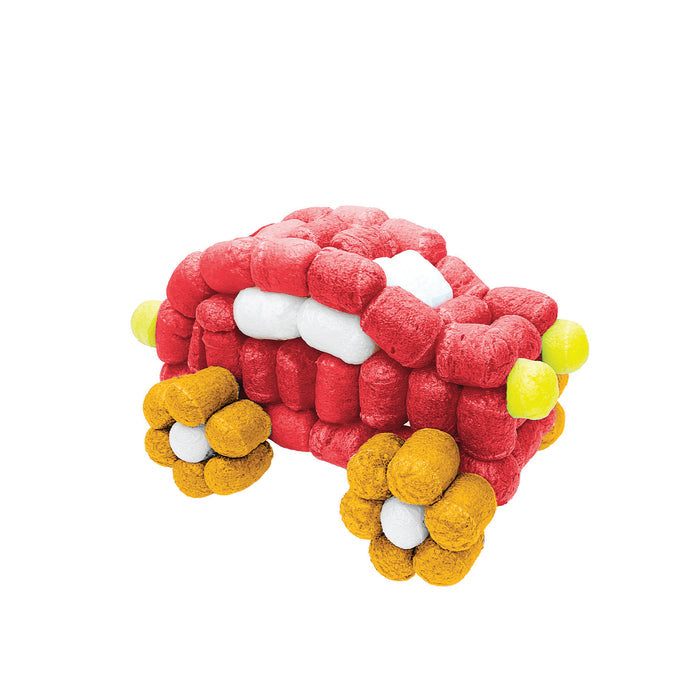 A red car with orange wheels made from Snoodles on a white background