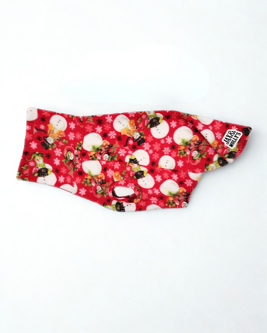 Snowman Wonderland Dog Sweater by Jax & Molly’s – red fleece pullover with snowman print