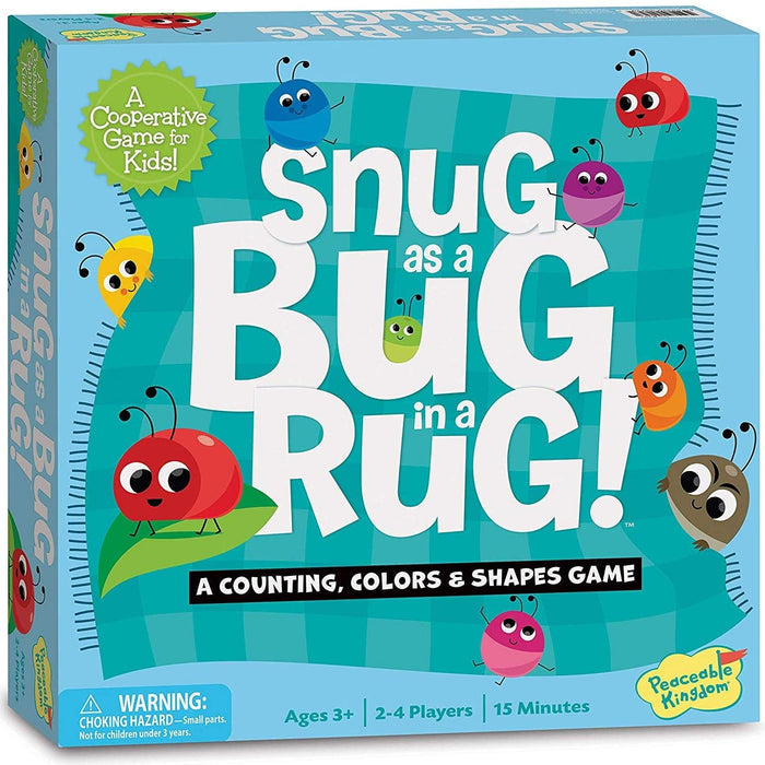 Board game box for 'Snug as a Bug in a Rug' with colorful bug illustrations on a blue background.