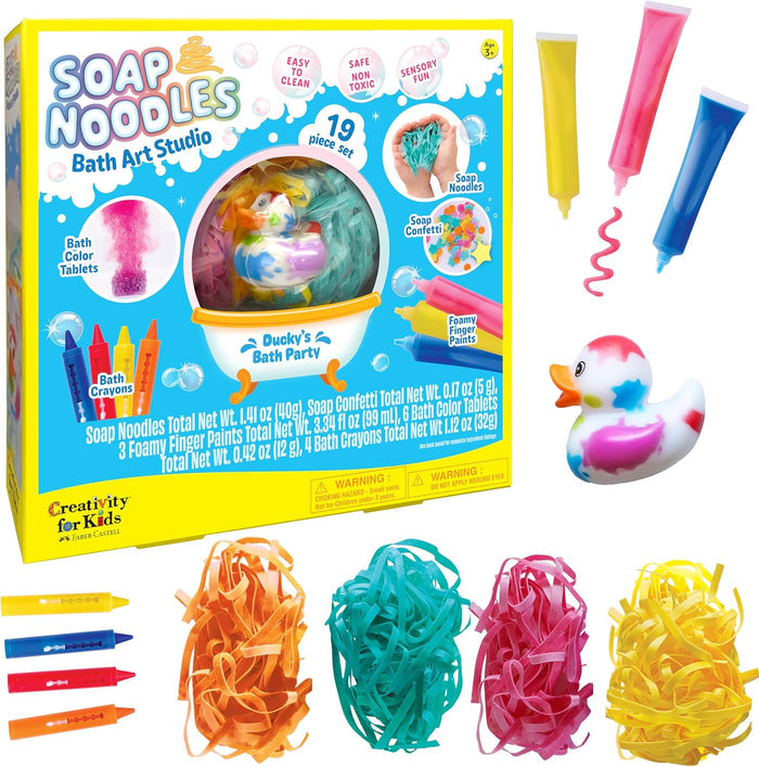 Soap Noodles Bath Art Studio set with packaging, noodles, and rubber duck on a white background
