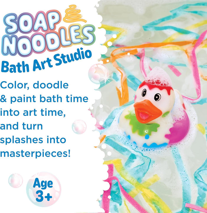 Soap Noodles Bath Art Studio with a colorful duck toy and text about bath time art.