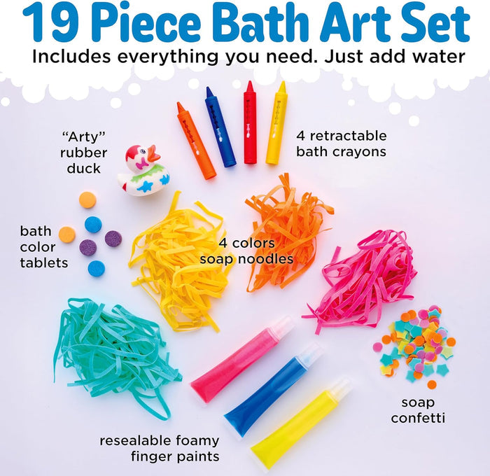 19-piece bath art set with various colorful items on a white background