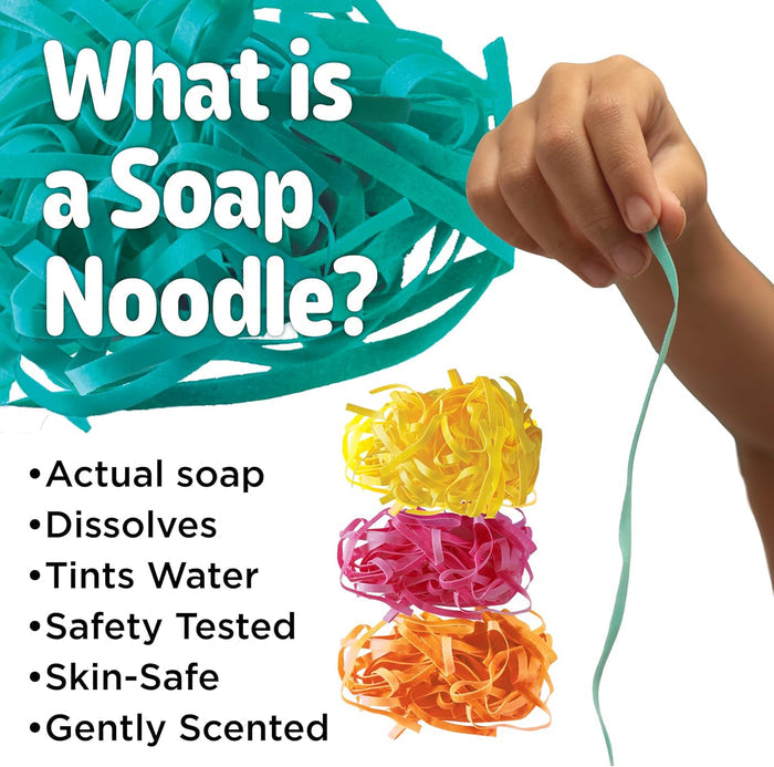 Colorful soap noodles with text explaining what a soap noodle is