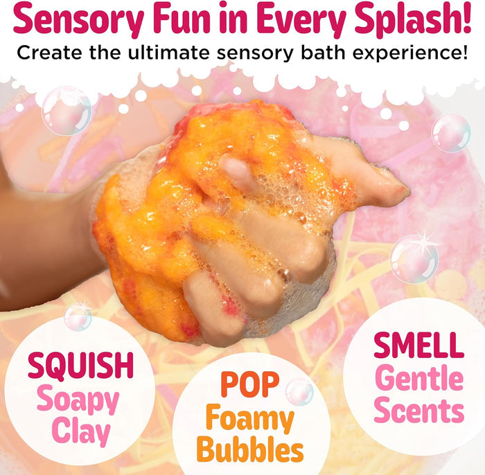Product packaging for a bath experience with squishy clay, foamy bubbles, and gentle scents.