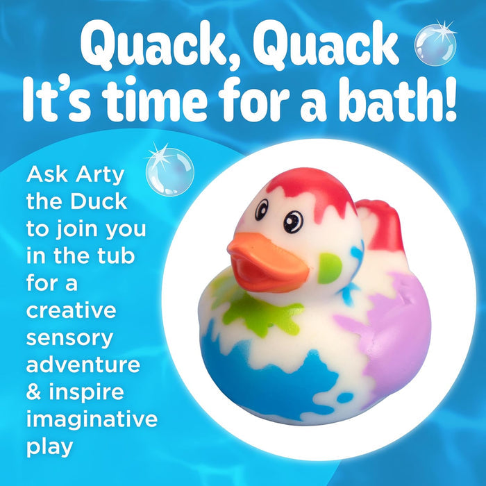 Rubber duck with colorful design on a blue background with text about imaginative play.