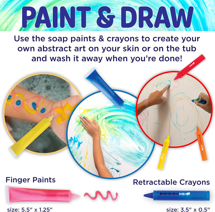 Promotional image for soap paints and crayons with examples of use on skin and paper.
