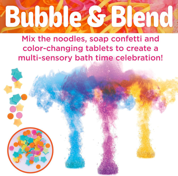 Product packaging for 'Bubble & Blend' with colorful bath foam and text on a white background.
