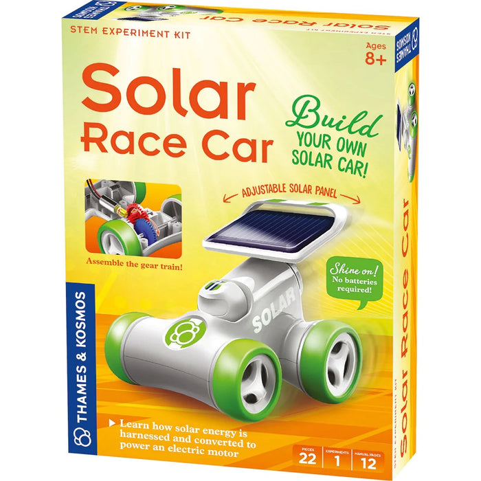 Solar Race Car STEM experiment kit packaging with solar panel and wheels on a white background