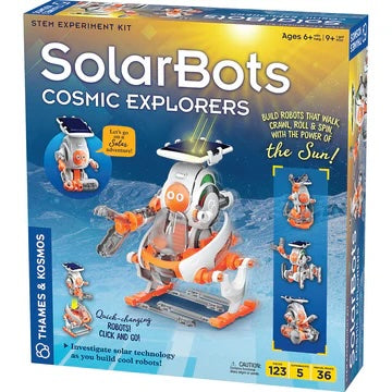 Boxed SolarBots Cosmic Explorers toy set showing various robotic models and solar panel, indicating it is a science-related toy for children.