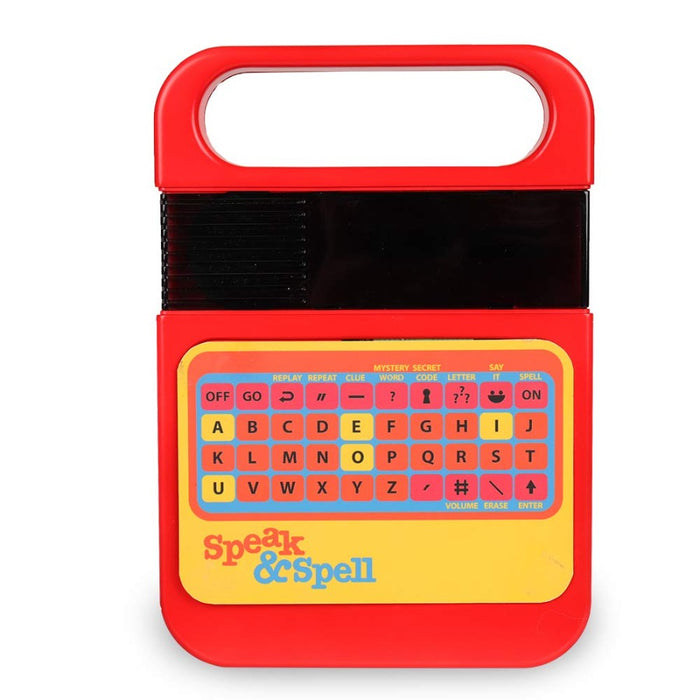 Red and yellow toy electronic device with keyboard and 'Speak & Spell' branding on a white background
