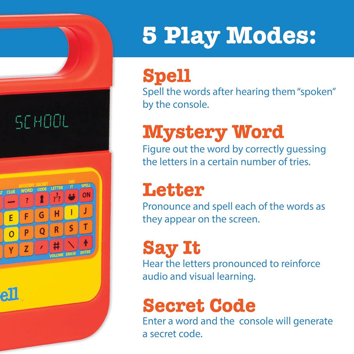 Speak & Spell device with a list of play modes on a blue background