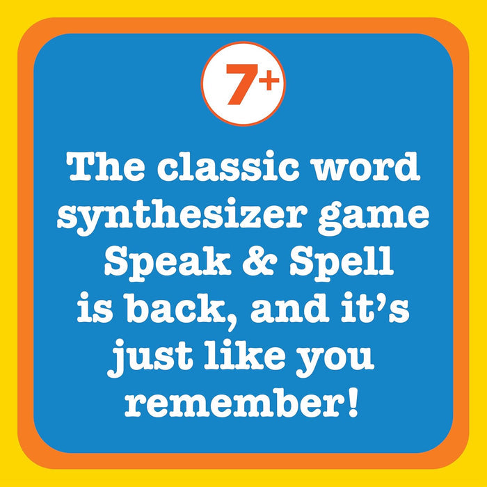 Promotional text for 'Speak & Spell' game on a blue background with orange border and yellow background.