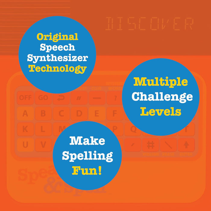 Promotional graphic for a speech synthesizer with text about technology, challenge levels, and fun spelling.