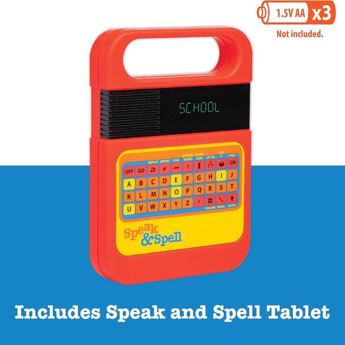 Speak & Spell with keyboard and screen on a blue background