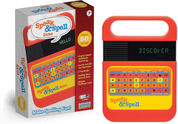 Speak & Spell toy and its packaging on a white background