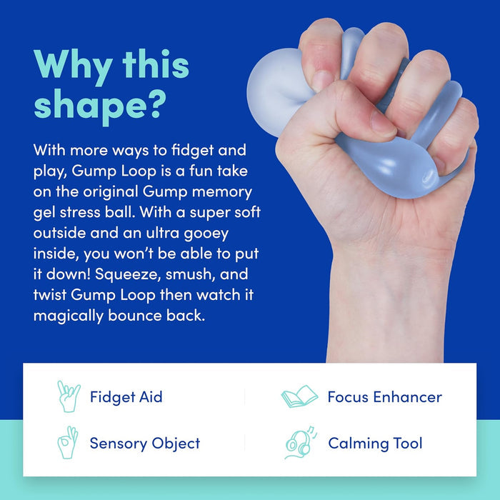 Hand holding a Gump Loop fidget toy with text explaining its features on a blue background