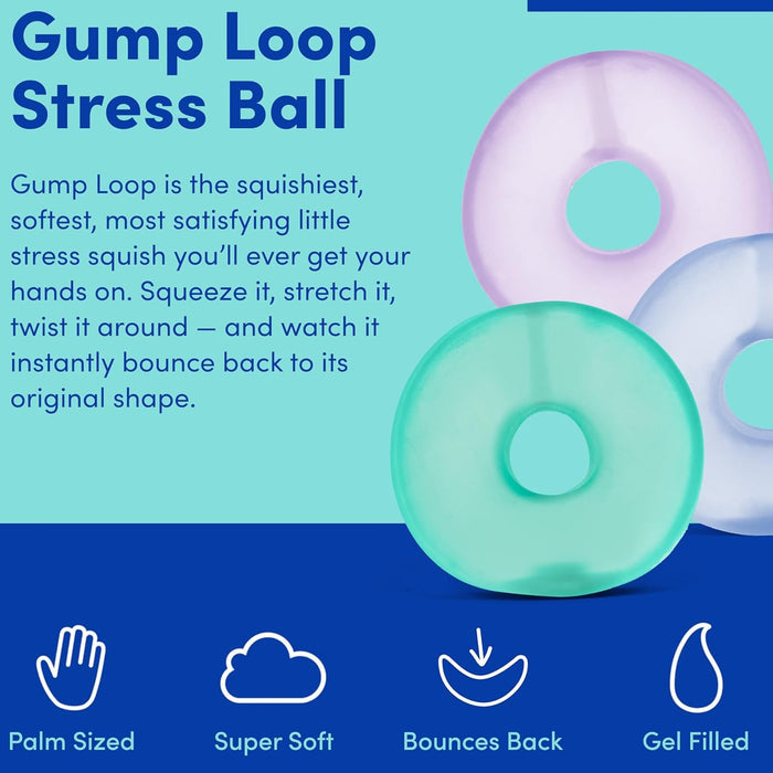 Gump Loop stress ball packaging with text and images of the product.