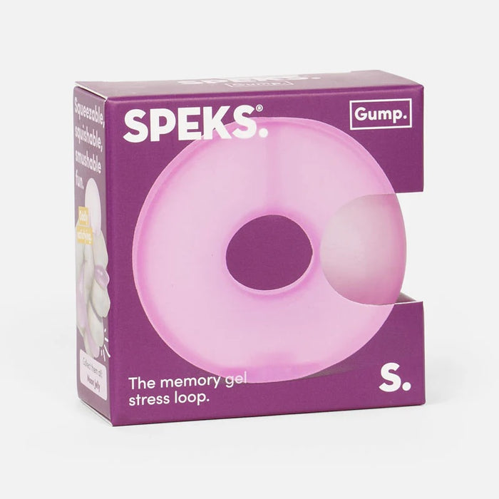 Purple packaging of Speeks memory gel stress loop with visible branding on a white background