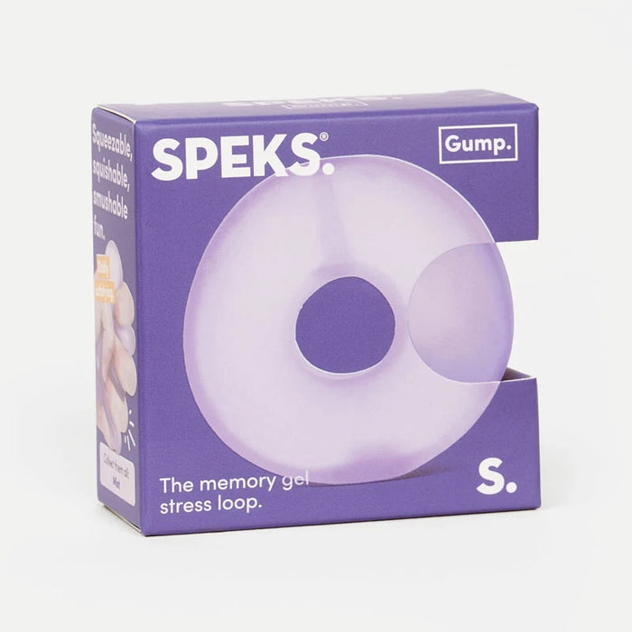 Purple packaging of Speks memory gel stress loop with visible branding.