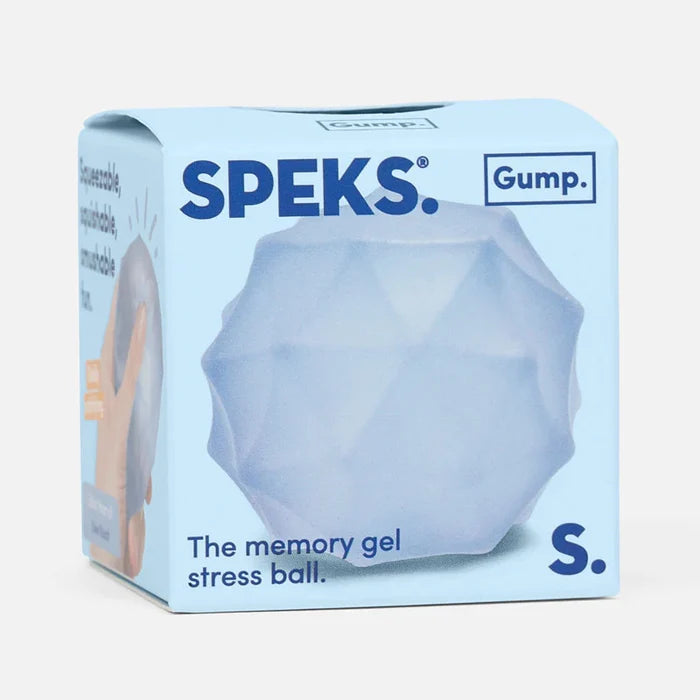 Speks memory gel stress ball packaging with Gump branding on a light blue background