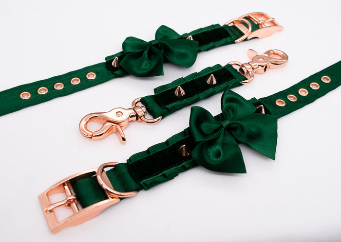 Spiked Hunter Green Velvet and Rose Gold Cuffs with Bows