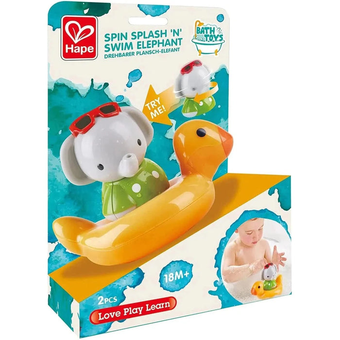 Packaging of a Spin Splash 'n' Swim Elephant toy showing an elephant and a duck ring, indicating bath time play.