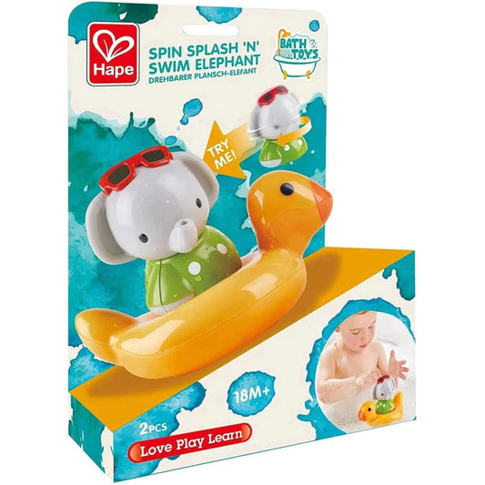 Packaging of a Spin Splash 'n' Swim Elephant toy showing an elephant and a duck ring, indicating bath time play.