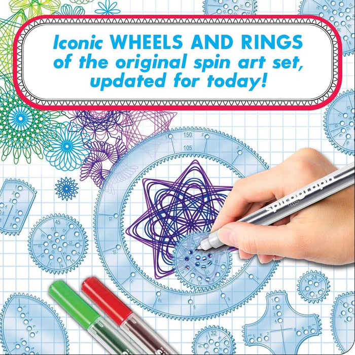 Spin art set with wheels and rings, hand drawing on a grid background